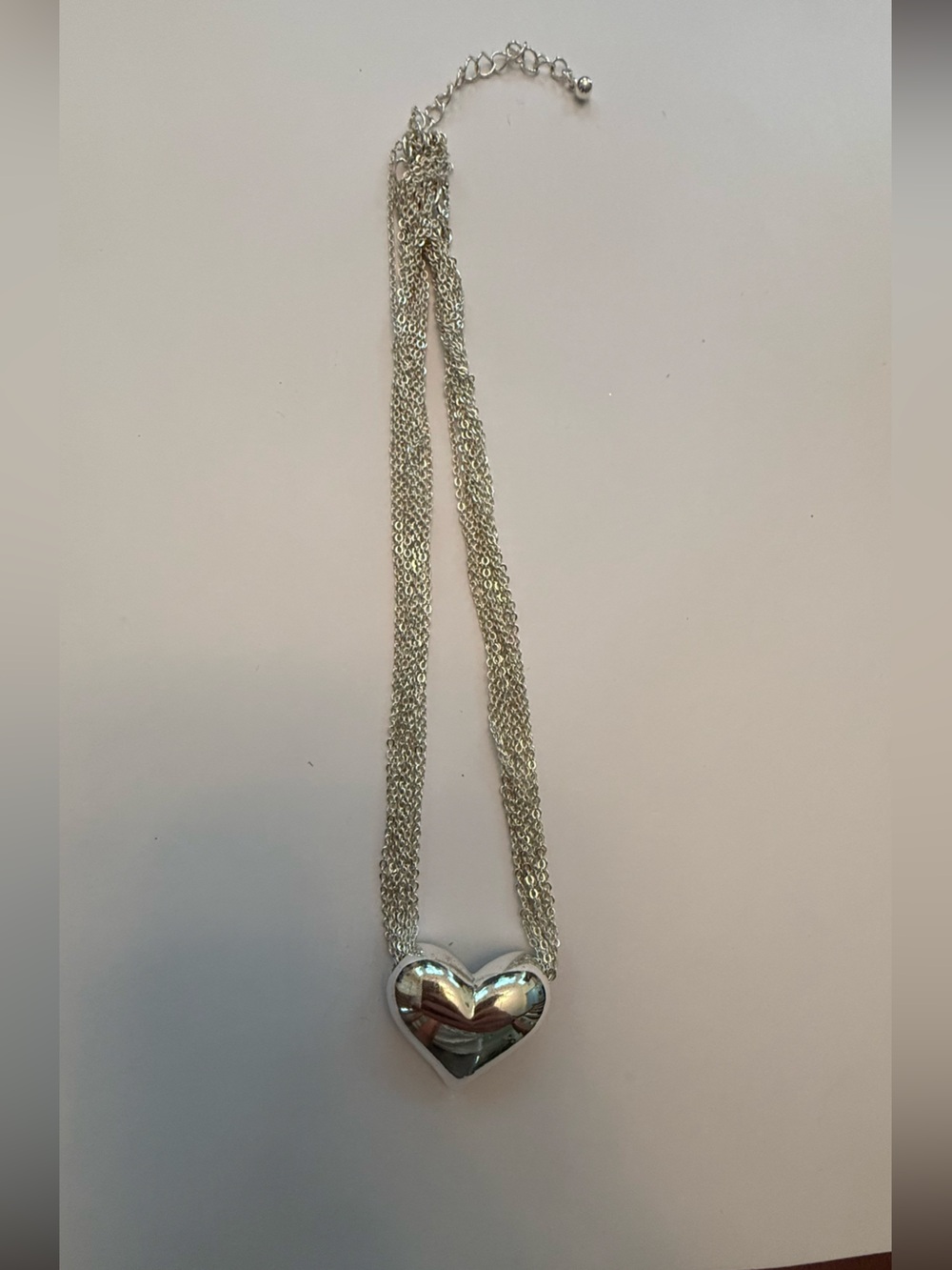 Multi Strand Silver Tone Puffy Heart Necklace Statement Jewelry